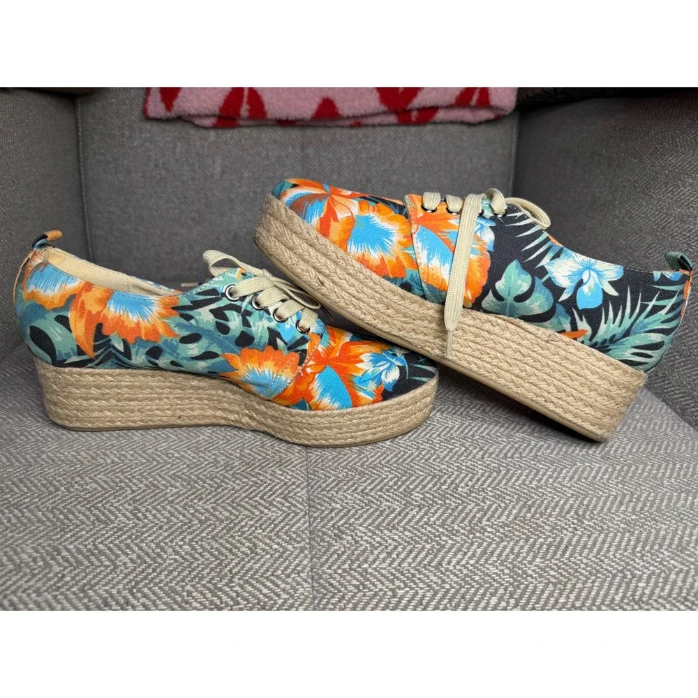 Nicole NClarice Tropical Floral Espadrille Platform‎ Sneakers Orange Blue 7.5M